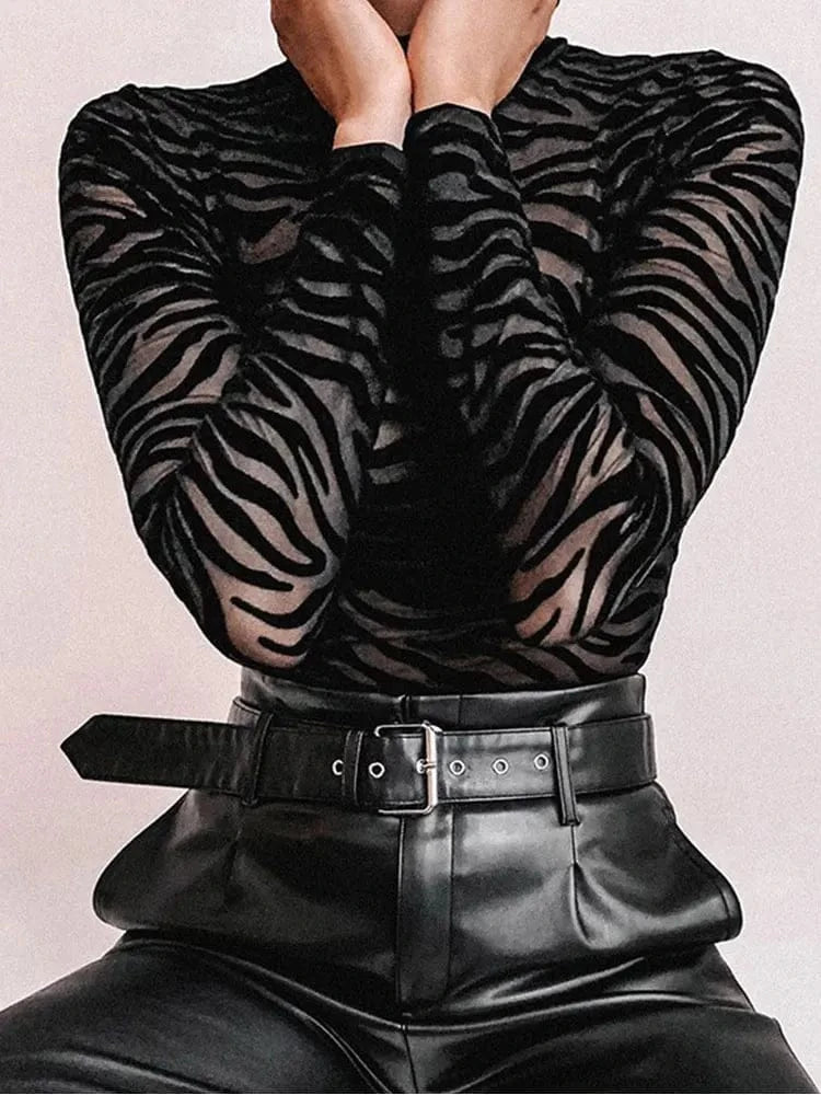 Black Mesh Transparent Sexy Bodysuit Long Sleeve Slim Skinny Stripe Mock Neck Casual Rompers Women Lady Party Club Body - A-1 Thread Vault