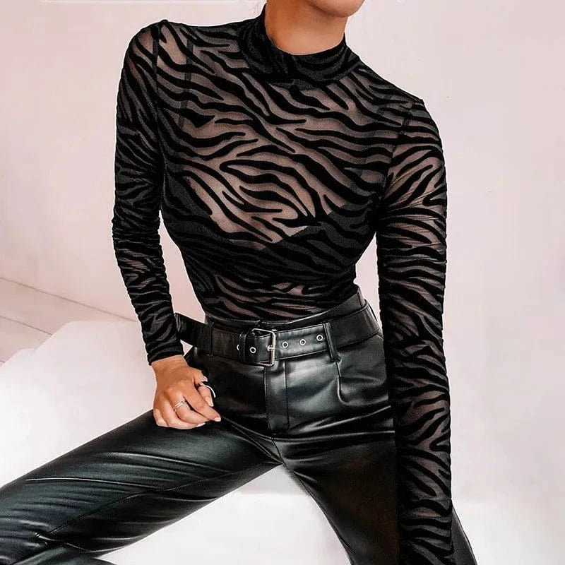 Black Mesh Transparent Sexy Bodysuit Long Sleeve Slim Skinny Stripe Mock Neck Casual Rompers Women Lady Party Club Body - A-1 Thread Vault