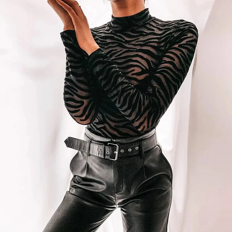 Black Mesh Transparent Sexy Bodysuit Long Sleeve Slim Skinny Stripe Mock Neck Casual Rompers Women Lady Party Club Body - A-1 Thread Vault