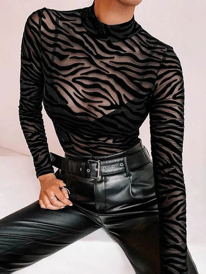 Black Mesh Transparent Sexy Bodysuit Long Sleeve Slim Skinny Stripe Mock Neck Casual Rompers Women Lady Party Club Body - A-1 Thread Vault