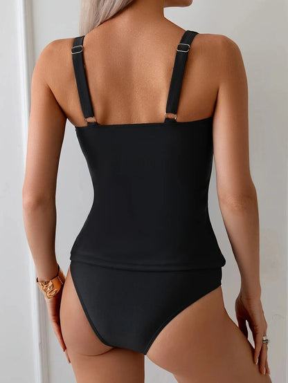 Black Modest Two-Piece Swimsuit for Women Tummy Control Slimming Swimsuit with Ruffled Neckline and Straps Summer Beach Swimwear - A-1 Thread Vault