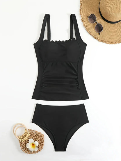 Black Modest Two-Piece Swimsuit for Women Tummy Control Slimming Swimsuit with Ruffled Neckline and Straps Summer Beach Swimwear - A-1 Thread Vault