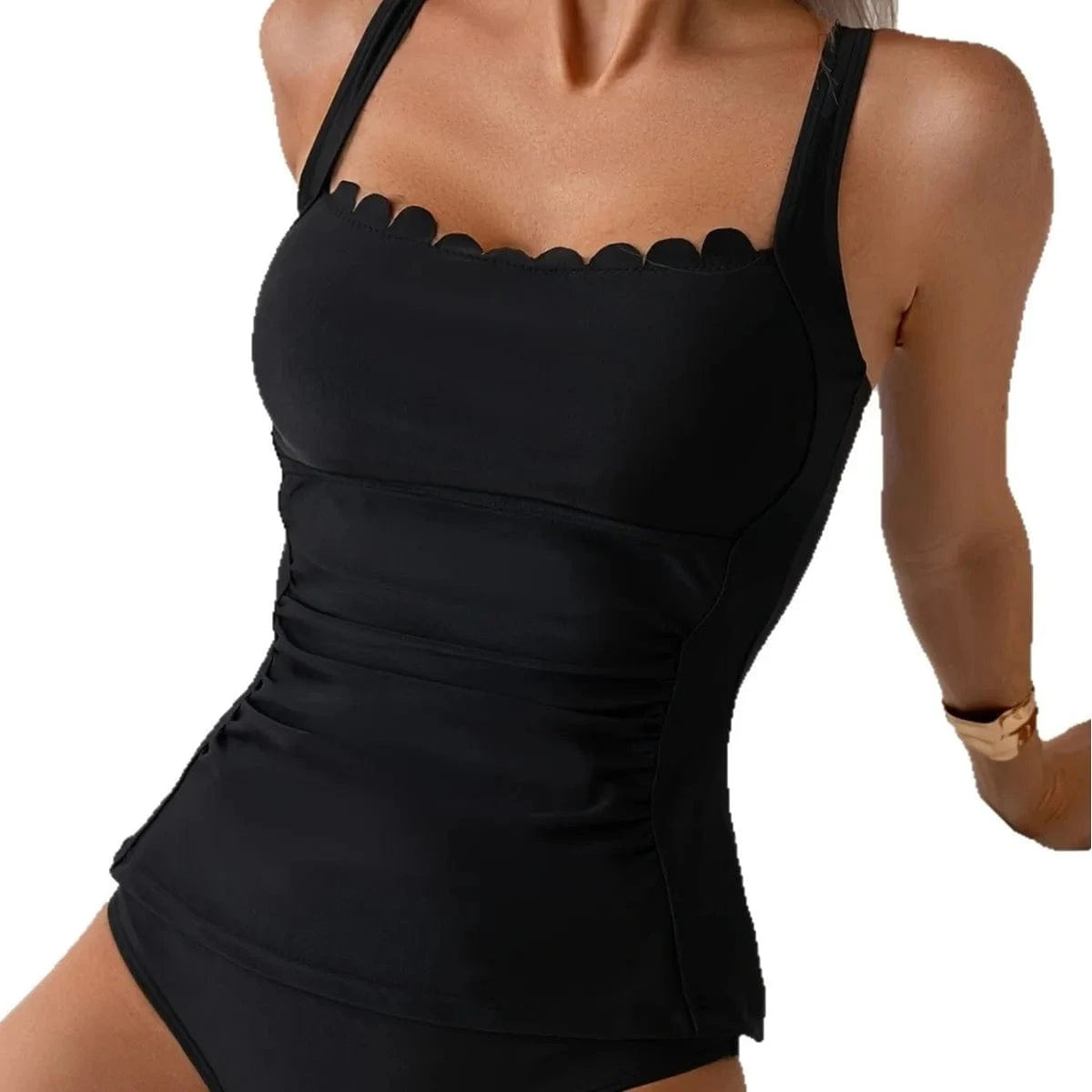 Black Modest Two-Piece Swimsuit for Women Tummy Control Slimming Swimsuit with Ruffled Neckline and Straps Summer Beach Swimwear - A-1 Thread Vault