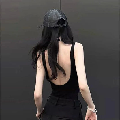 Black Strappy Bodysuit Sexy Backless Ribbed Bodysuit Romper string femme sexy Sleeveless Tank Top gloved bodysuit Body Female - A-1 Thread Vault