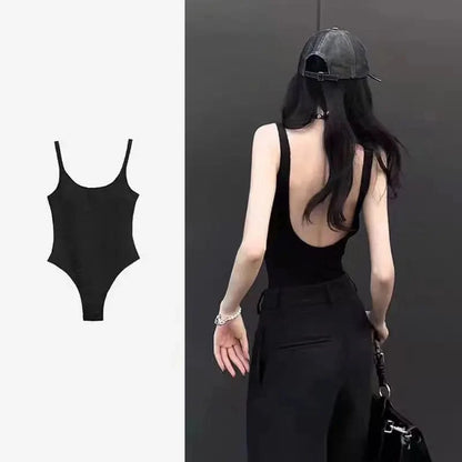 Black Strappy Bodysuit Sexy Backless Ribbed Bodysuit Romper string femme sexy Sleeveless Tank Top gloved bodysuit Body Female - A-1 Thread Vault