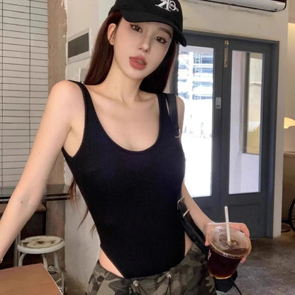 Black Strappy Bodysuit Sexy Backless Ribbed Bodysuit Romper string femme sexy Sleeveless Tank Top gloved bodysuit Body Female - A-1 Thread Vault