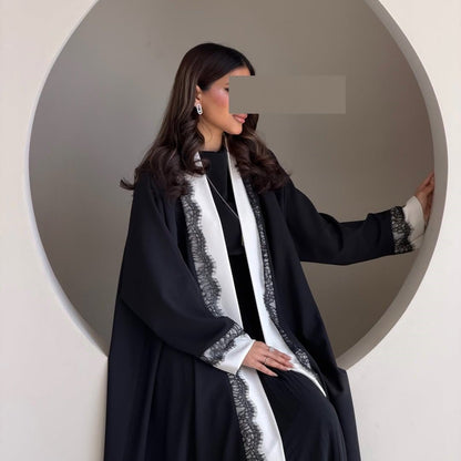 Black & White Lace Trim Open Abaya(MOA311) - A-1 Thread Vault