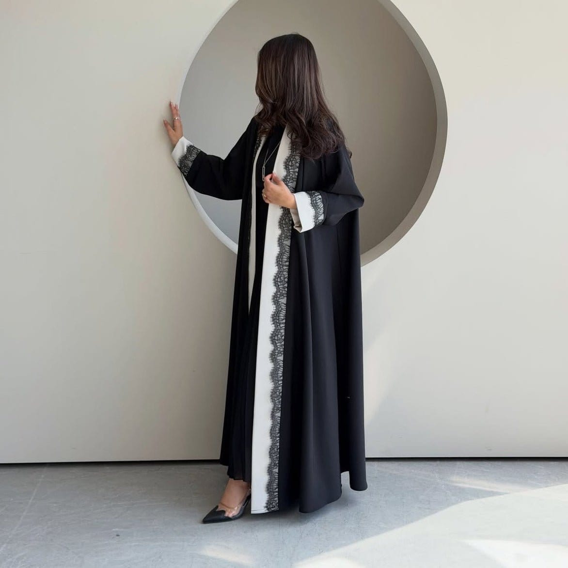 Black & White Lace Trim Open Abaya(MOA311) - A-1 Thread Vault