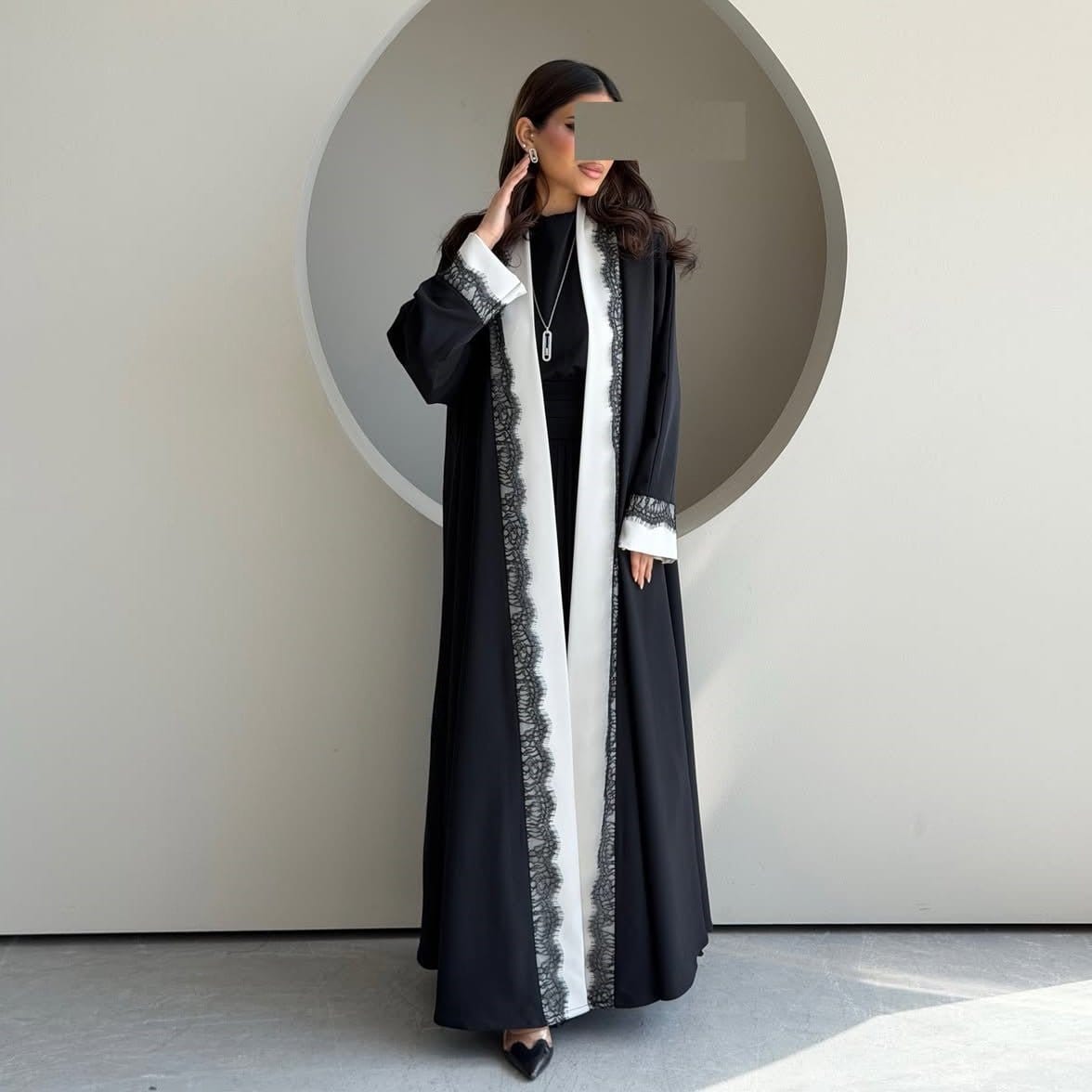 Black & White Lace Trim Open Abaya(MOA311) - A-1 Thread Vault