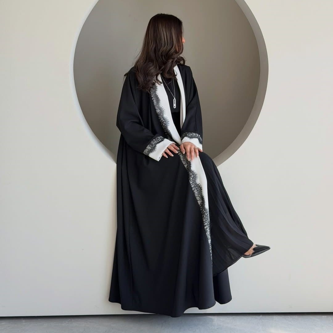 Black & White Lace Trim Open Abaya(MOA311) - A-1 Thread Vault