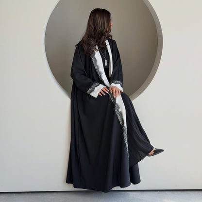 Black & White Lace Trim Open Abaya(MOA311) - A-1 Thread Vault