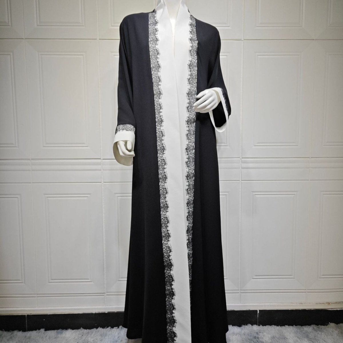 Black & White Lace Trim Open Abaya(MOA311) - A-1 Thread Vault