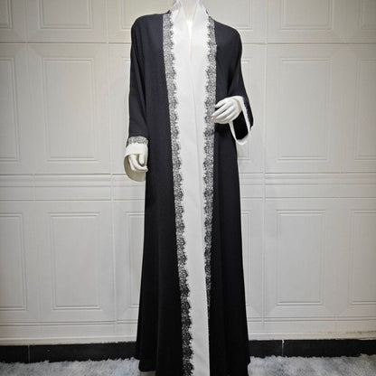 Black & White Lace Trim Open Abaya(MOA311) - A-1 Thread Vault