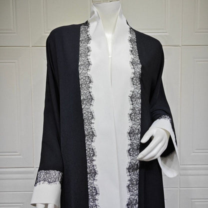 Black & White Lace Trim Open Abaya(MOA311) - A-1 Thread Vault