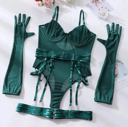 Bodysuit Sexy One-piece With Gloves Garters Mesh Women Rompers Clothing Body Suits Lace Jumpsuit Sweet Korean Women EV5W - A-1 Thread Vault