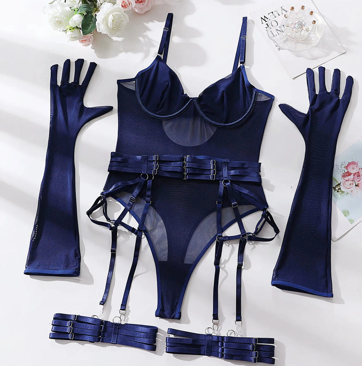 Bodysuit Sexy One-piece With Gloves Garters Mesh Women Rompers Clothing Body Suits Lace Jumpsuit Sweet Korean Women EV5W - A-1 Thread Vault