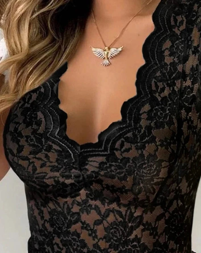 Bodysuit Women 2024 Summer Fashion Crochet Lace Sexy V Neck Cap Sleeve Skinny Daily Semi-Sheer Bodysuit - A-1 Thread Vault