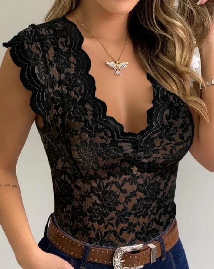 Bodysuit Women 2024 Summer Fashion Crochet Lace Sexy V Neck Cap Sleeve Skinny Daily Semi-Sheer Bodysuit - A-1 Thread Vault