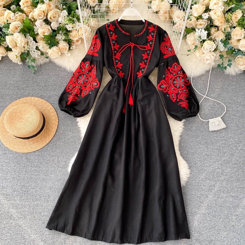 Bohemian Embroidered Linen-Look Maxi Dress(MS460) - A-1 Thread Vault