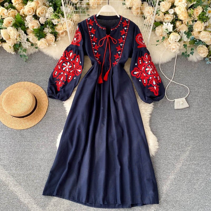 Bohemian Embroidered Linen-Look Maxi Dress(MS460) - A-1 Thread Vault