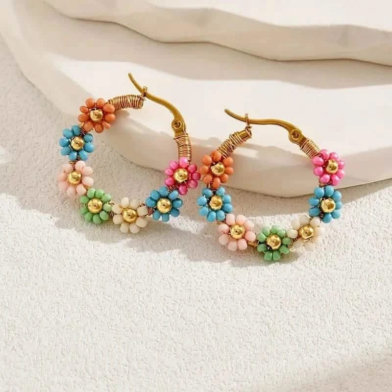 Bohemian Style Stainless Steel Beaded Flower Decor Hoop Earrings - A-1 Thread Vault