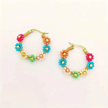 Bohemian Style Stainless Steel Beaded Flower Decor Hoop Earrings - A-1 Thread Vault