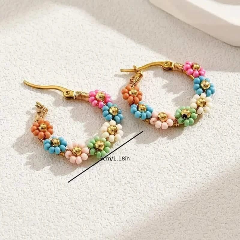 Bohemian Style Stainless Steel Beaded Flower Decor Hoop Earrings - A-1 Thread Vault