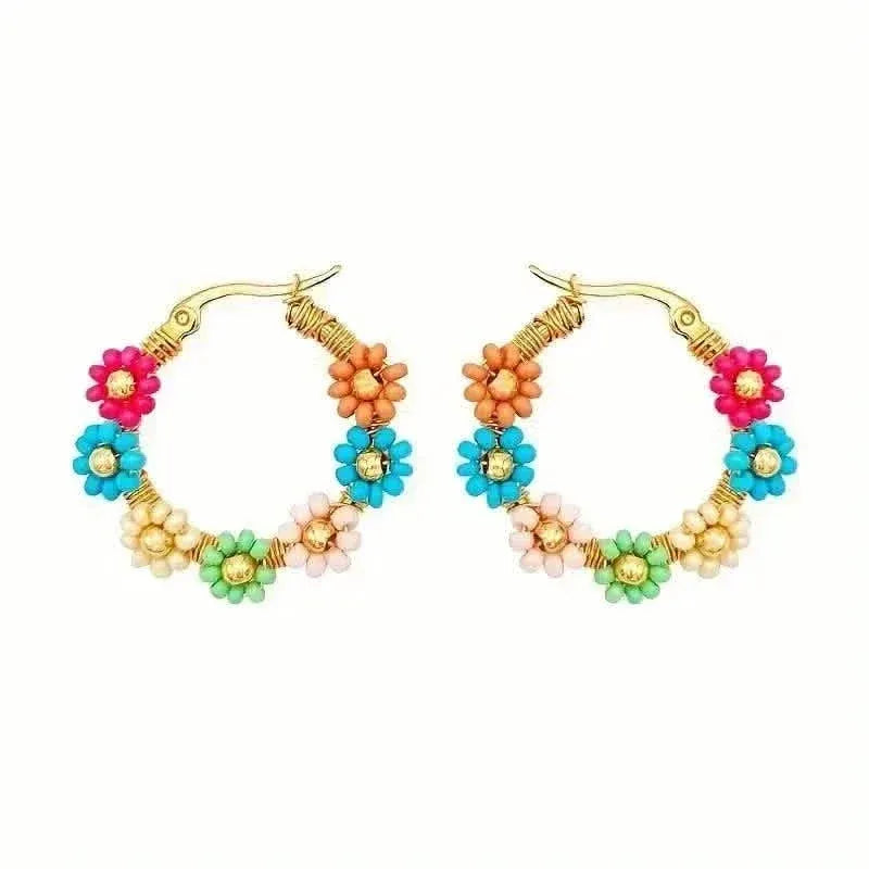 Bohemian Style Stainless Steel Beaded Flower Decor Hoop Earrings - A-1 Thread Vault