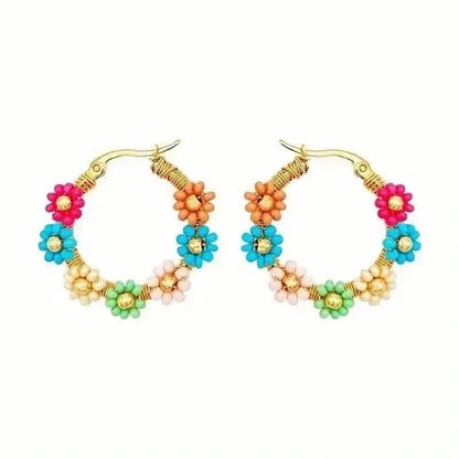 Bohemian Style Stainless Steel Beaded Flower Decor Hoop Earrings - A-1 Thread Vault