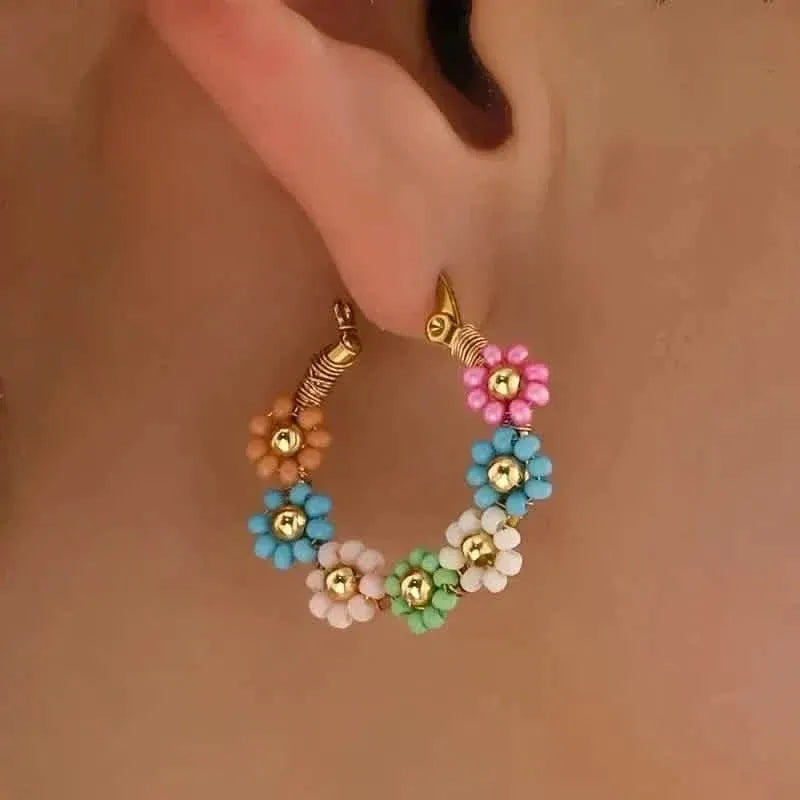 Bohemian Style Stainless Steel Beaded Flower Decor Hoop Earrings - A-1 Thread Vault