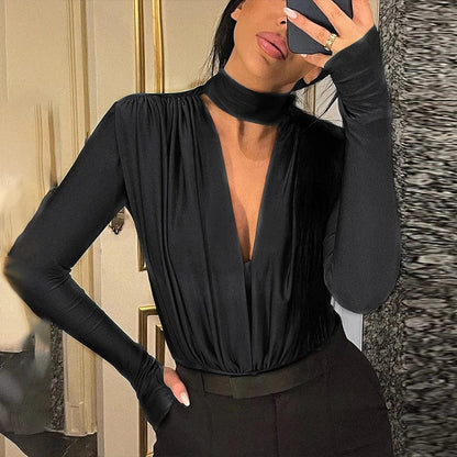 BornToGirl Sexy Slim Bodysuit Women Elegant Black Red Green Long Sleeve V Neck One Pieces Bodysuits Jumpsuit Tops Body Suit Y2K - A-1 Thread Vault