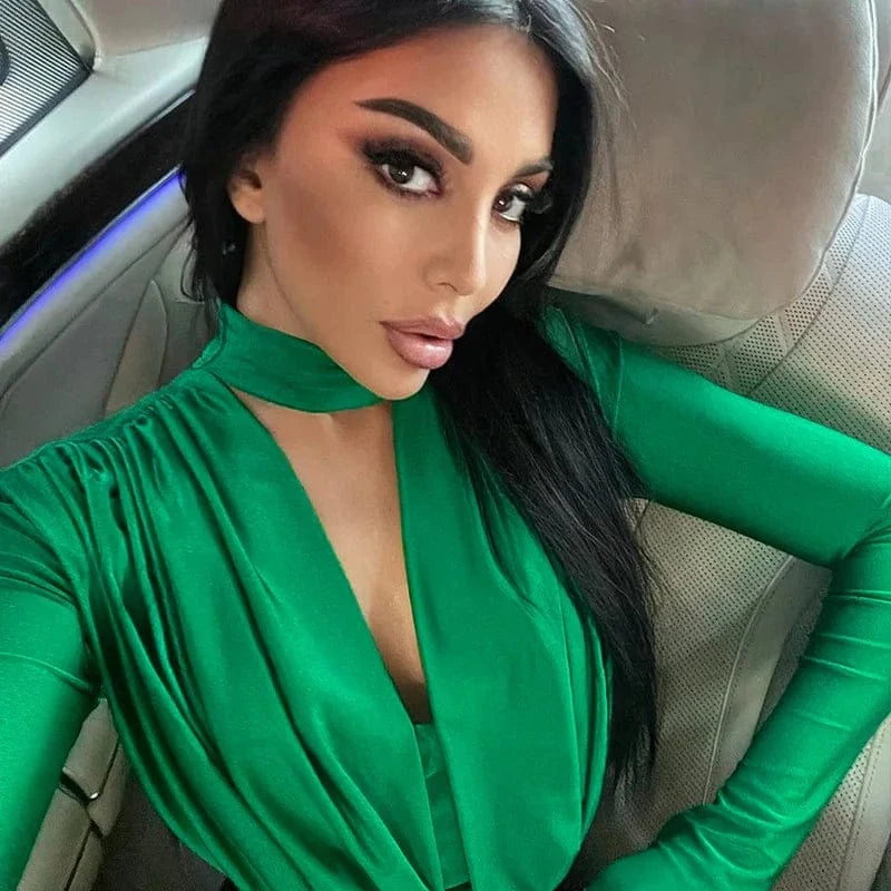 BornToGirl Sexy Slim Bodysuit Women Elegant Black Red Green Long Sleeve V Neck One Pieces Bodysuits Jumpsuit Tops Body Suit Y2K - A-1 Thread Vault