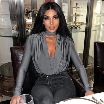 BornToGirl Sexy Slim Bodysuit Women Elegant Black Red Green Long Sleeve V Neck One Pieces Bodysuits Jumpsuit Tops Body Suit Y2K - A-1 Thread Vault