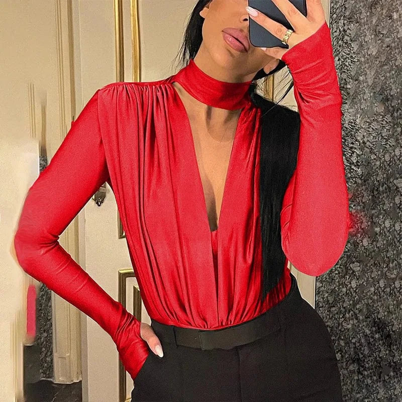 BornToGirl Sexy Slim Bodysuit Women Elegant Black Red Green Long Sleeve V Neck One Pieces Bodysuits Jumpsuit Tops Body Suit Y2K - A-1 Thread Vault