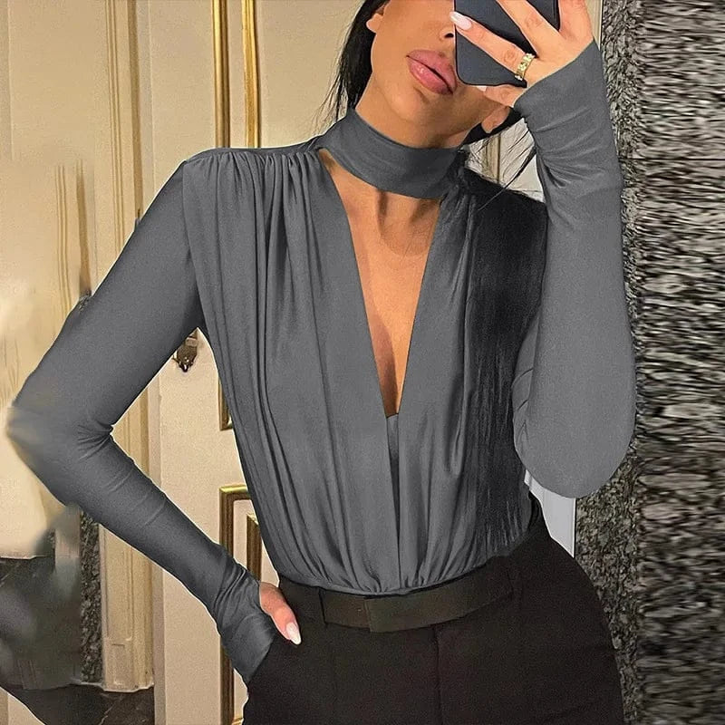 BornToGirl Sexy Slim Bodysuit Women Elegant Black Red Green Long Sleeve V Neck One Pieces Bodysuits Jumpsuit Tops Body Suit Y2K - A-1 Thread Vault