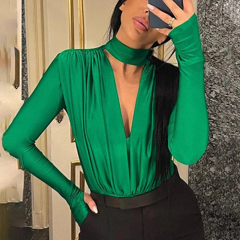 BornToGirl Sexy Slim Bodysuit Women Elegant Black Red Green Long Sleeve V Neck One Pieces Bodysuits Jumpsuit Tops Body Suit Y2K - A-1 Thread Vault