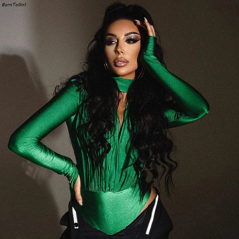 BornToGirl Sexy Slim Bodysuit Women Elegant Black Red Green Long Sleeve V Neck One Pieces Bodysuits Jumpsuit Tops Body Suit Y2K - A-1 Thread Vault