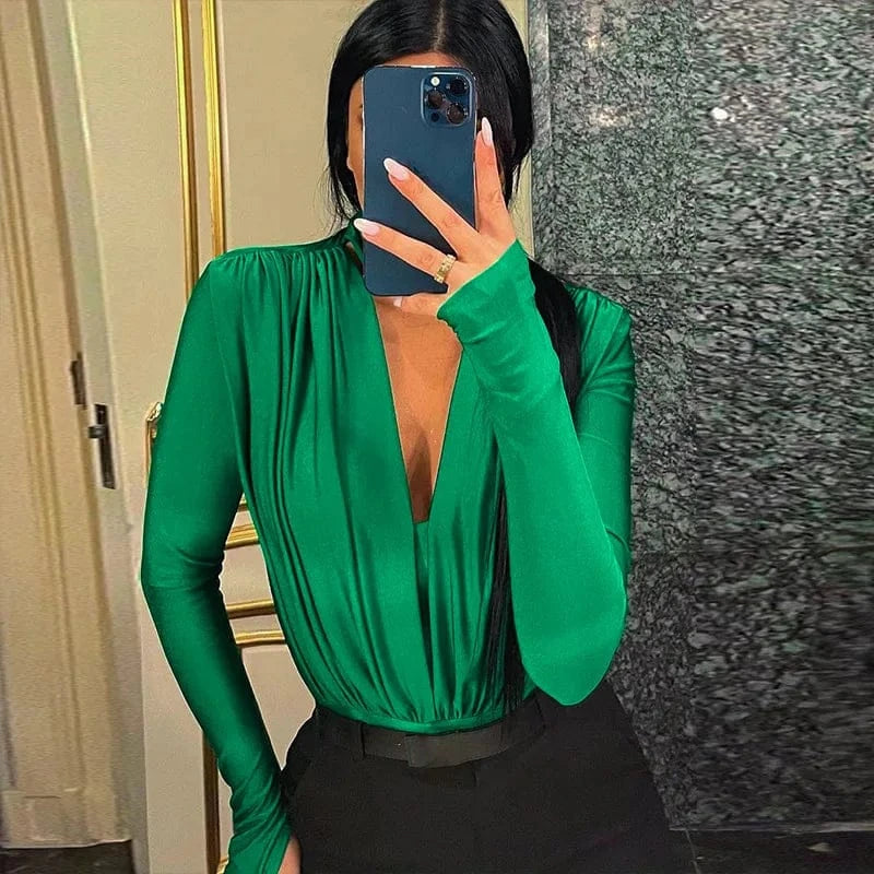 BornToGirl Sexy Slim Bodysuit Women Elegant Black Red Green Long Sleeve V Neck One Pieces Bodysuits Jumpsuit Tops Body Suit Y2K - A-1 Thread Vault