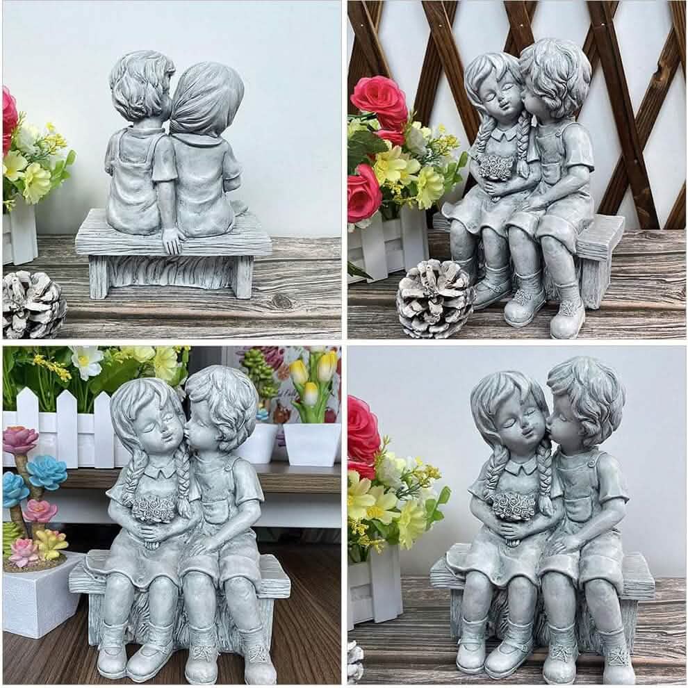 Boy Kissing Girl Statue Sitting on Bench Figurine - A-1 Thread Vault