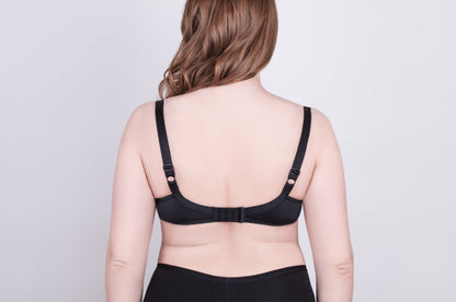 A black bra viewed from the back, featuring adjustable straps and a hook-and-eye closure on a person with fair skin against a plain light gray background.