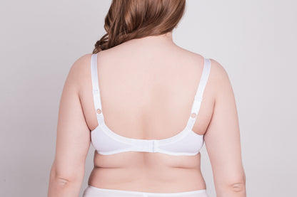 A woman seen from the back wears a white bra with thin adjustable straps against a plain light gray background.