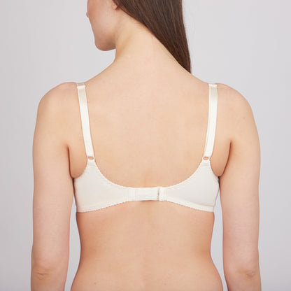 A beige brassiere shown from the back, featuring adjustable satin-finish shoulder straps and a central hook-and-eye closure.