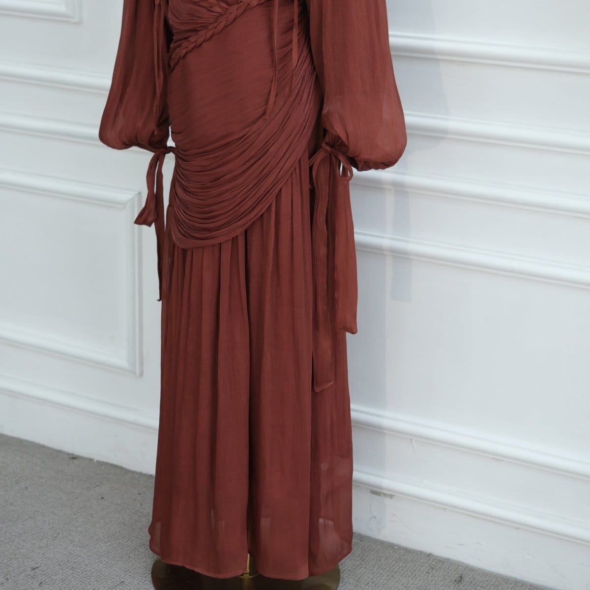 Braided Collar Ruched Fringe Maxi Dress(MS406) - A-1 Thread Vault