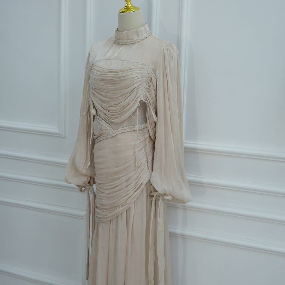 Braided Collar Ruched Fringe Maxi Dress(MS406) - A-1 Thread Vault