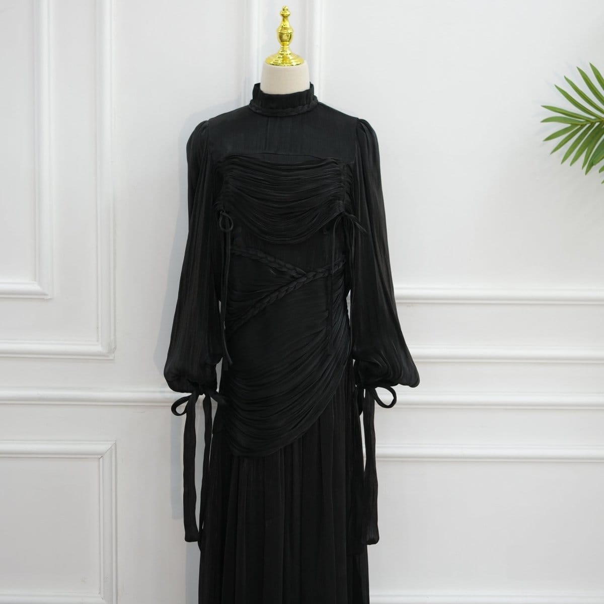 Braided Collar Ruched Fringe Maxi Dress(MS406) - A-1 Thread Vault