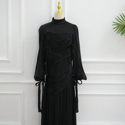Braided Collar Ruched Fringe Maxi Dress(MS406) - A-1 Thread Vault