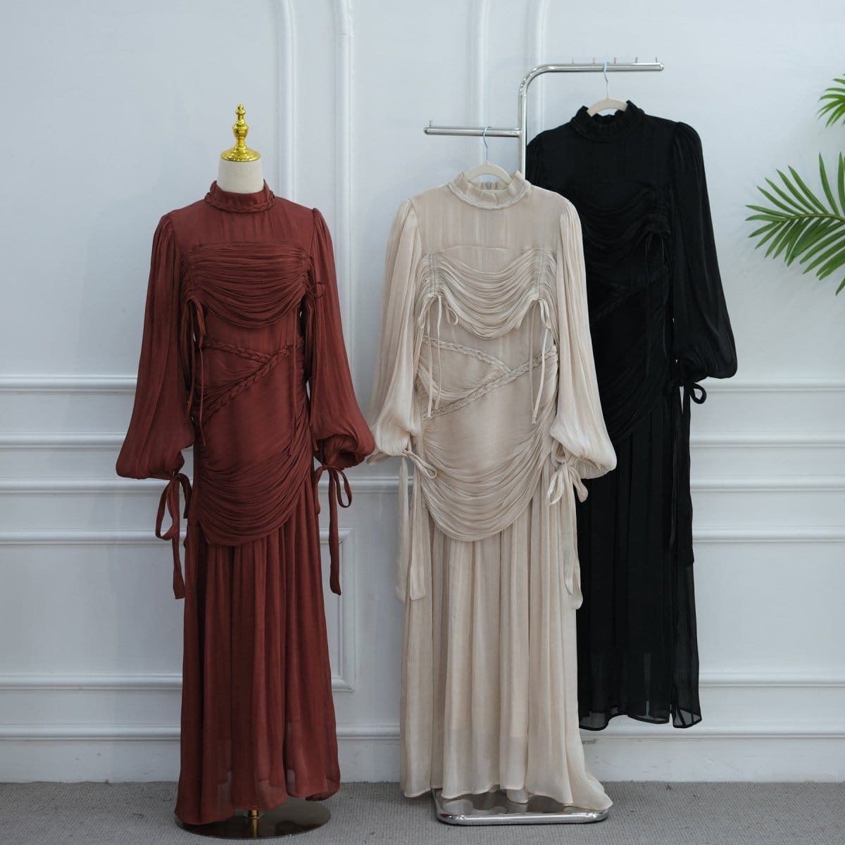 Braided Collar Ruched Fringe Maxi Dress(MS406) - A-1 Thread Vault