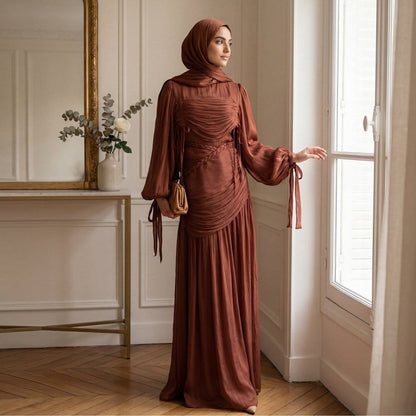 Braided Collar Ruched Fringe Maxi Dress(MS406) - A-1 Thread Vault