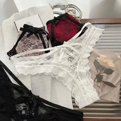 Breathable Patchwork Mesh Floral Bowknot Panties Ruffle Thong Lace Flower Transparent Briefs Low Waist Hollow Out Lady - A-1 Thread Vault