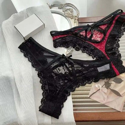 Breathable Patchwork Mesh Floral Bowknot Panties Ruffle Thong Lace Flower Transparent Briefs Low Waist Hollow Out Lady - A-1 Thread Vault